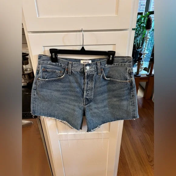 new Agolde Parker long denim shorts in Skywave medium light wash